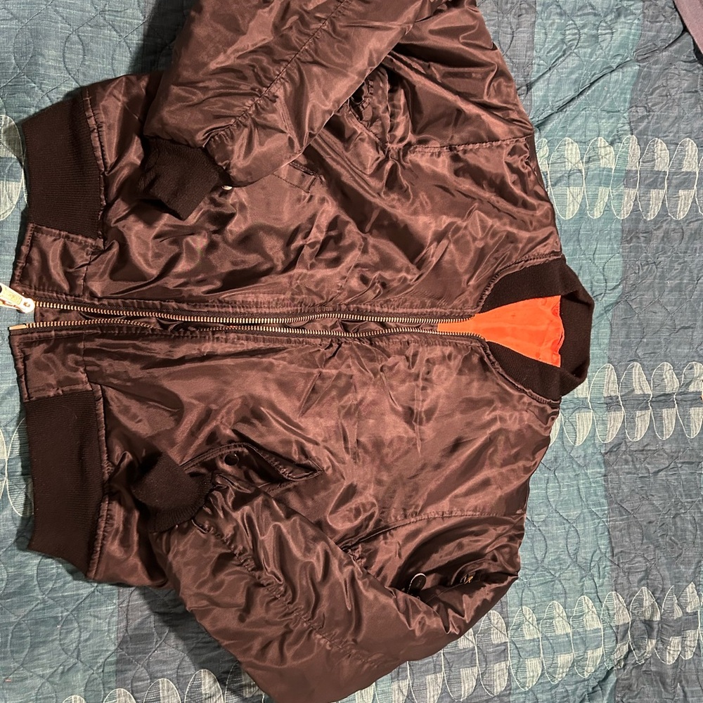 Brown Bomber Jacket with Orange Lining